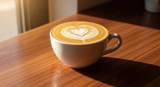 White cup of latte with heart shape art on wooden table with sunlight coffee cappuccino