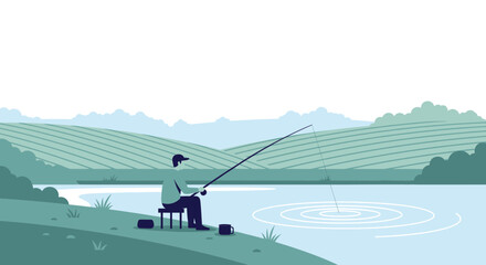Naklejka premium Serene fishing scene with a lone angler enjoying a peaceful day outdoors depicting landscape and relaxation