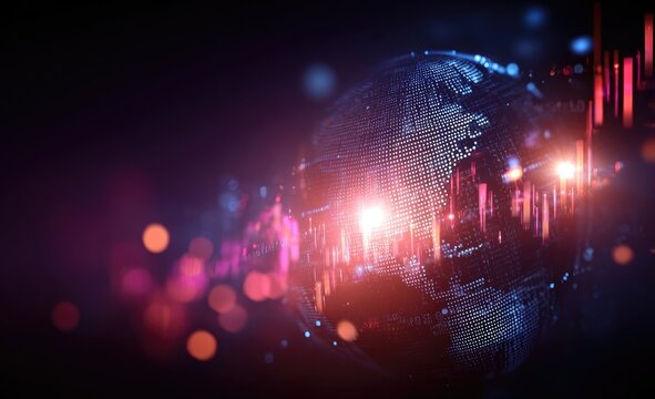 Global data visualization, digital earth with financial charts overlaid