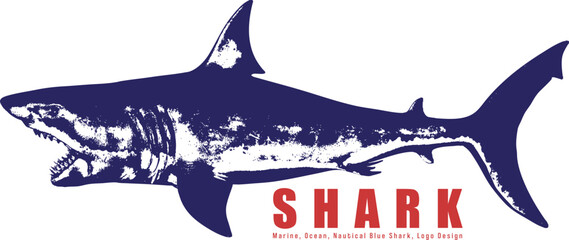 Blue Shark Logo Design Marine Ocean Predator Fish Vector Illustration Typography Red Text Brand Identity Template Business Card Nautical Wildlife Vintage Grunge Style Restaurant Branding