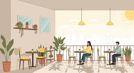 Relaxing Couple Enjoying Coffee On A Sunny Rooftop Cafe With City View