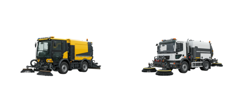 Street cleaning action vehicles at urban location featuring advanced cleaning technology. Set cut out PNG