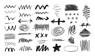 Black hand drawn abstract shapes and lines doodle collection brush chaos