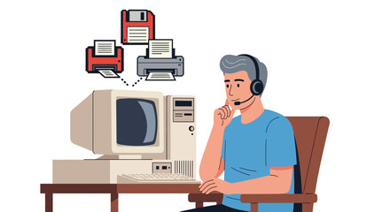 Retro IT Support Illustration: Cartoon Man with Old Computer and Peripheral Devices