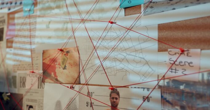 Office, board and crime investigation at empty workplace with mind map, link and notes with proof. Evidence, computer and string for planning, interior and inspection for lead at police station