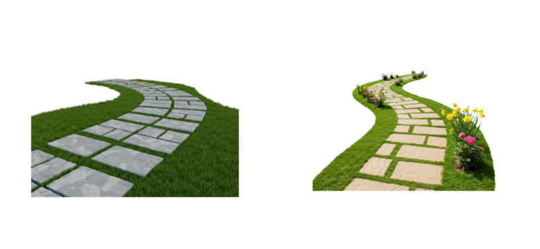 Curved stone pathway in garden outdoor landscape serene environment aerial nature concept. Set cut out PNG