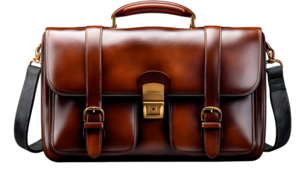 Elegant brown leather briefcase with gold hardware and adjustable strap, perfect for professional business travel and daily commutes. Isolated to Transparent Background