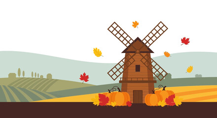 Scenic Fall Landscape with Windmill Pumpkins and Falling Leaves Depicting Autumn Harvest Season