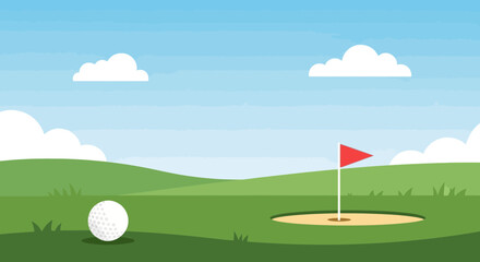 Scenic golf course illustration with ball near hole under a blue sky backdrop