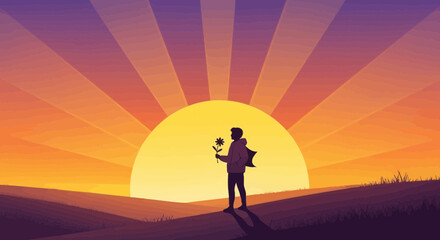 Obraz premium Silhouette of a person holding a flower against a vibrant sunset landscape illustration
