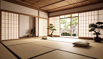 Minimalist Japanese Zen Room Interior with Scroll Projections and Natural Light Entering Through Open Window