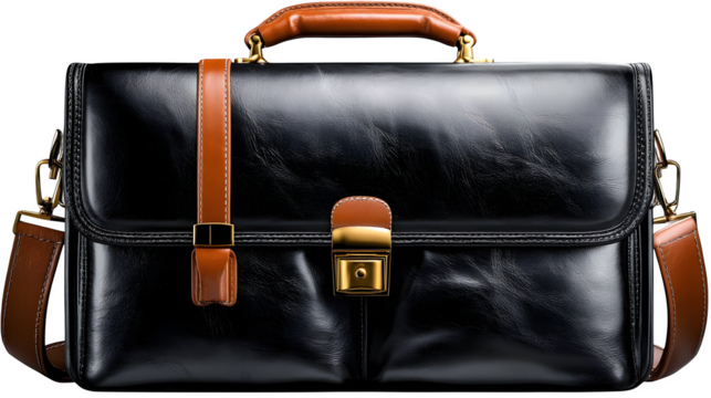 Sophisticated black leather briefcase with rich tan accents and polished gold hardware, exuding professional elegance and timeless style for the modern executive. Isolated to Transparent Background