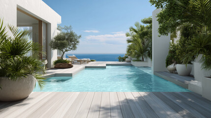 Minimalist Luxury Villa with Infinity Pool and Ocean View. Modern minimalist villa featuring a large wooden deck, infinity pool, lush tropical plants, and stunning panoramic ocean view