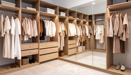 Spacious Walk In Closet with Clothes and a Full Length Mirror Displaying a Modern Organized Design