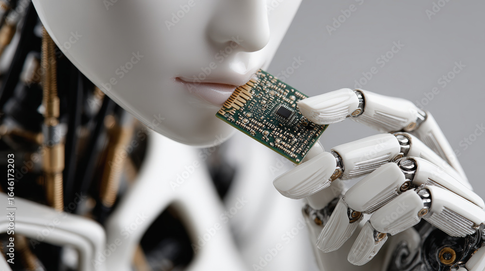 Poster robot holding microchip, showcasing advanced technology and artificial intelligence in futuristic se