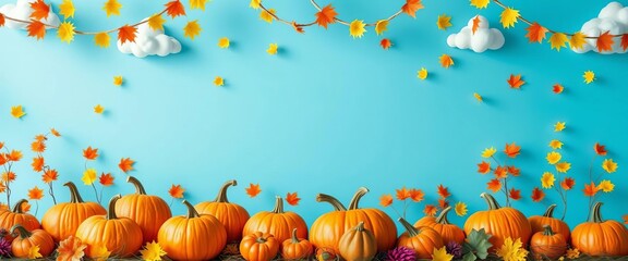 Bright blue backdrop showcases playful October; vibrant pumpkins, whimsical clouds, colorful decorations celebrate autumn, artwork, decorations