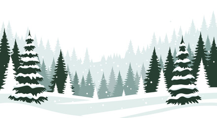 Fototapeta premium Snowy Winter Forest Landscape With Evergreen Trees And Light Snowfall