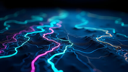 Abstract topographic map lines, neon glowing edges on dark background.
