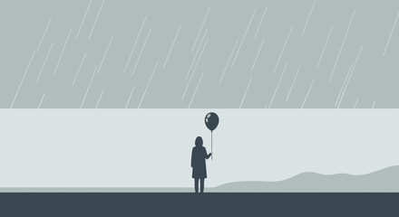 Obraz premium Solitary Figure In Rain With Balloon Expressing Loneliness And Reflection