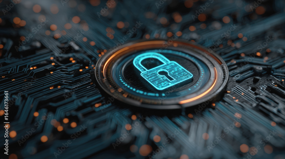 Poster digital lock symbol representing cyber security and data protection on circuit board background, con
