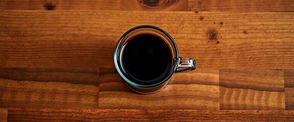Fototapeta premium Dark espresso in a small cup sits on a rich teak wood table, photo, photography