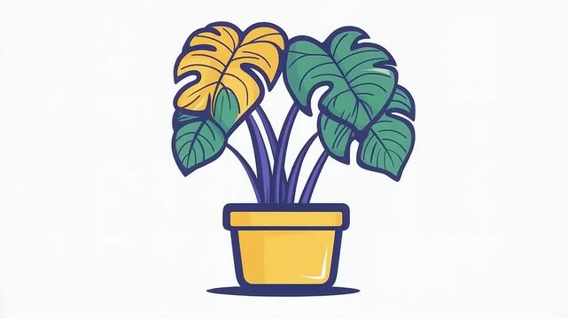 Stylized Monstera Plant Illustration in a Yellow Pot on a White Background