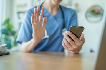 Doctor using a smartphone for a telehealth video call, mid-conversation gesture