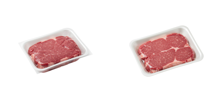 Packaging process of fresh beef cuts supermarket product indoor food quality. Set cut out PNG