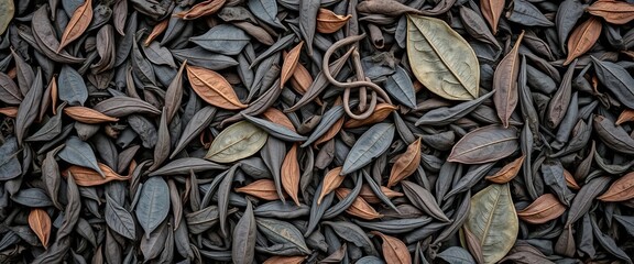Intricate network of dark, dried tea leaves, showing varied textures and subtle color variations,  photography,  texture