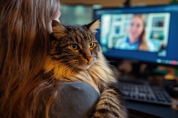 Woman holding her cat while having a telehealth consultation with a veterinarian