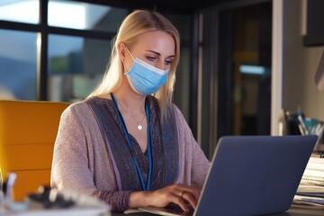 Woman in a face mask working on her laptop, representing remote work or telehealth