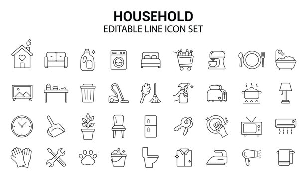 Household Line Icon Set.  Home, Cleaning, Furniture, Appliances, and More. Vector Illustration.	