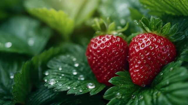Close-up of ripe strawberries with glistening water droplets, surrounded by sunlit green foliage, capturing the essence of fresh taste.