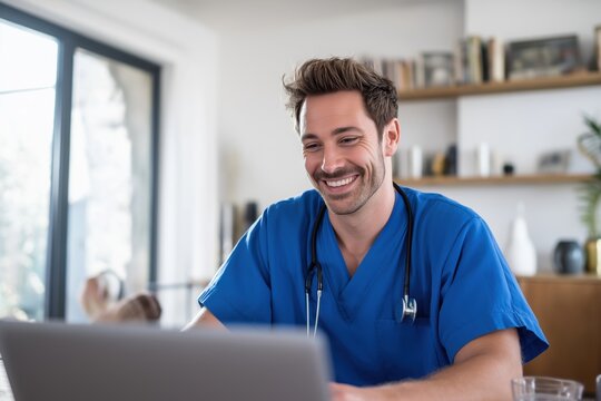 Cheerful male nurse providing telehealth services on a laptop from home