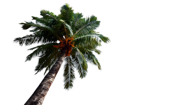 Lush green palm tree with coconuts reaching towards the sky, perfect for tropical summer vibes and vacation projects. Isolated to Transparent Background