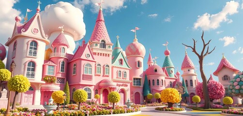 Pastel candy city, whimsical buildings, fantastical trees, blue sky,  vibrant,  trees