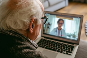Elderly man having a virtual healthcare consultation with a female doctor
