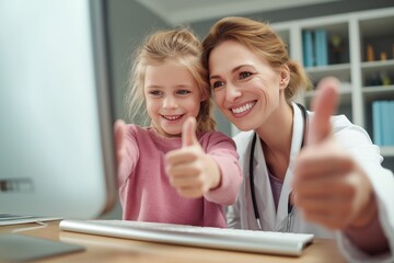 Doctor and child patient give thumbs up after a successful telehealth call