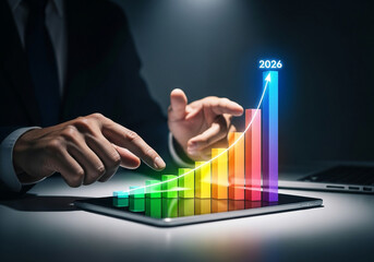 Photo of businessman pointing at a 3d bar graph projecting a positive business trend toward the year 2026