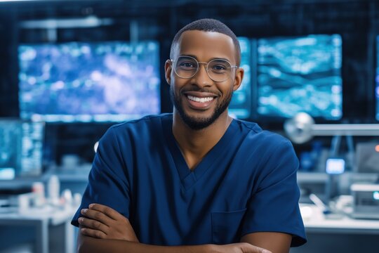 Portrait of a friendly african american healthcare professional in a tech lab