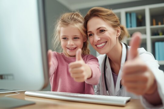 Doctor and child patient give thumbs up after a successful telehealth call - Powered by Adobe