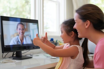 Satisfied mother and child thank their doctor after a positive telehealth visit