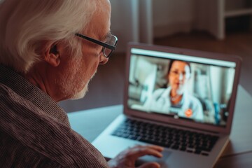 Over-the-shoulder view of an elderly man in a telehealth consultation