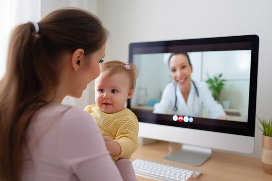 Happy mother and baby girl interact with their doctor via telehealth