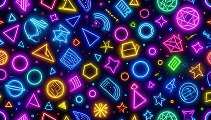 Neon Retro Cutouts Displayed Across Black Background Comprising Varied Geometric Shapes And Symbols
