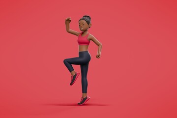 3d rendering of african sport woman character do walking while smiling with the background