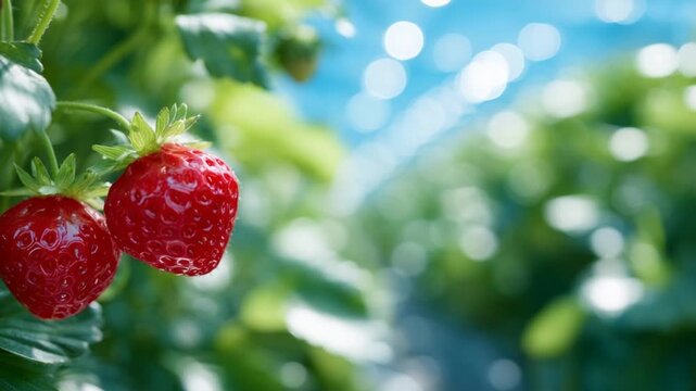 Capture the essence of ripe strawberries glistening in natural sunlight amidst lush greenery, perfect for a fresh, healthy treat.