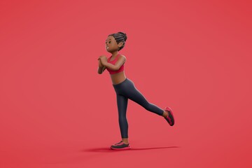 A girls character stretching with the background, isolated scene on a background.