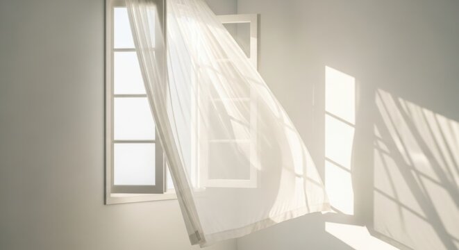 White sheer curtain blowing in the wind through an open window with sunlight casting shadows on the wall