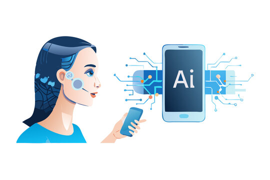 Woman interacting with artificial intelligence on a smartphone with futuristic digital interface